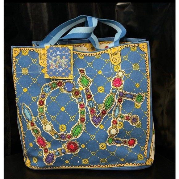 Brighton Blue White Multi-color Gem LOVE Canvas Tote Bag - Picture 3 of 10